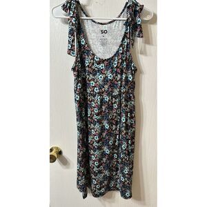 SO® Blue Pink Floral‎ Tied Strap Sleeveless Black Dress Knee Length Sundress M